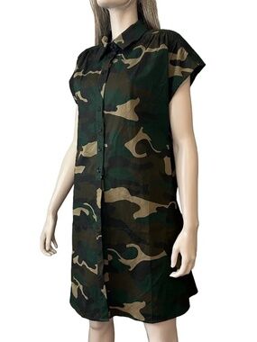 J. Brooks Boutique Camo Dress Tunic Layering Side Splits Button Front Sleeveless
